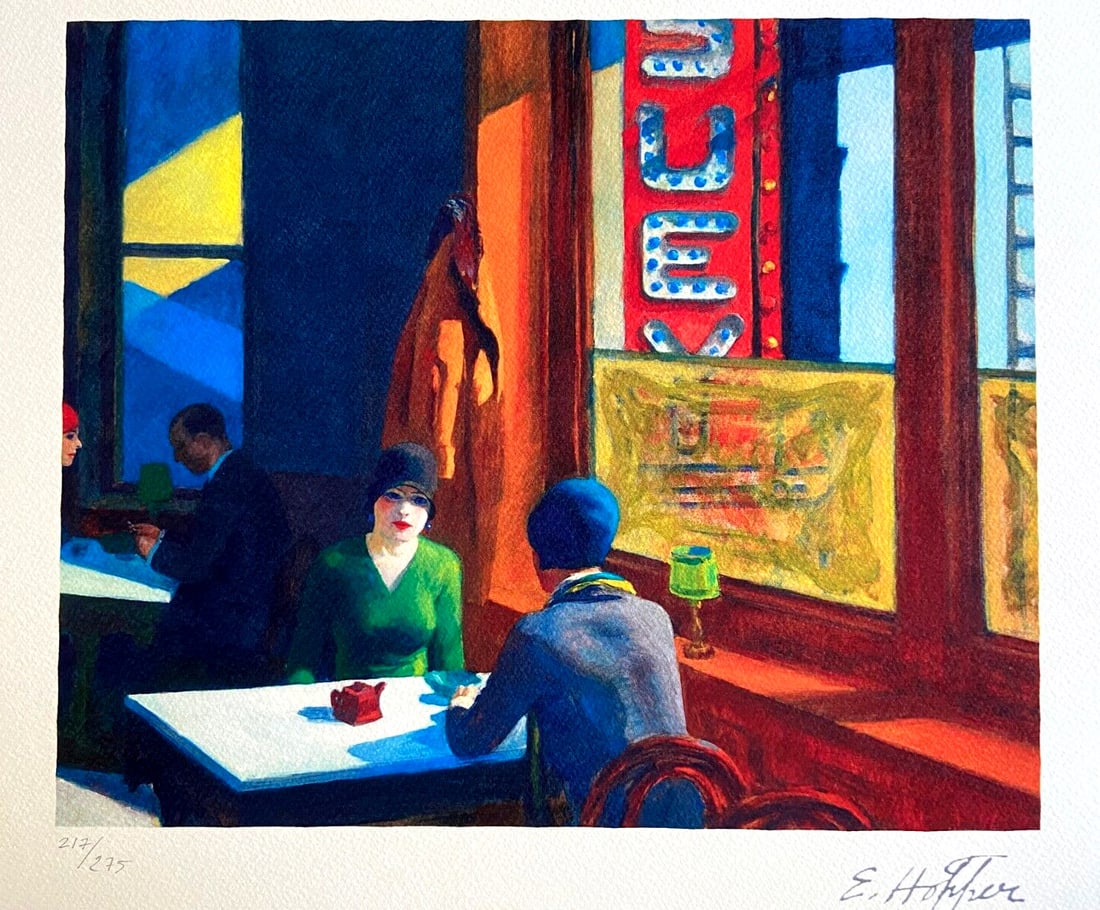 Edward Hopper Lithograph Coa Signed Numbered In Pencil: Edward Hopper Lithograph COA Signed Numbered In Pencil _Bob Dylan_ Edward Hopper " Chop Suey " Lithograph of an work by Edward Hopper, printed in 1986. 33 x 40 cm 275 hand numbered specimens signed on