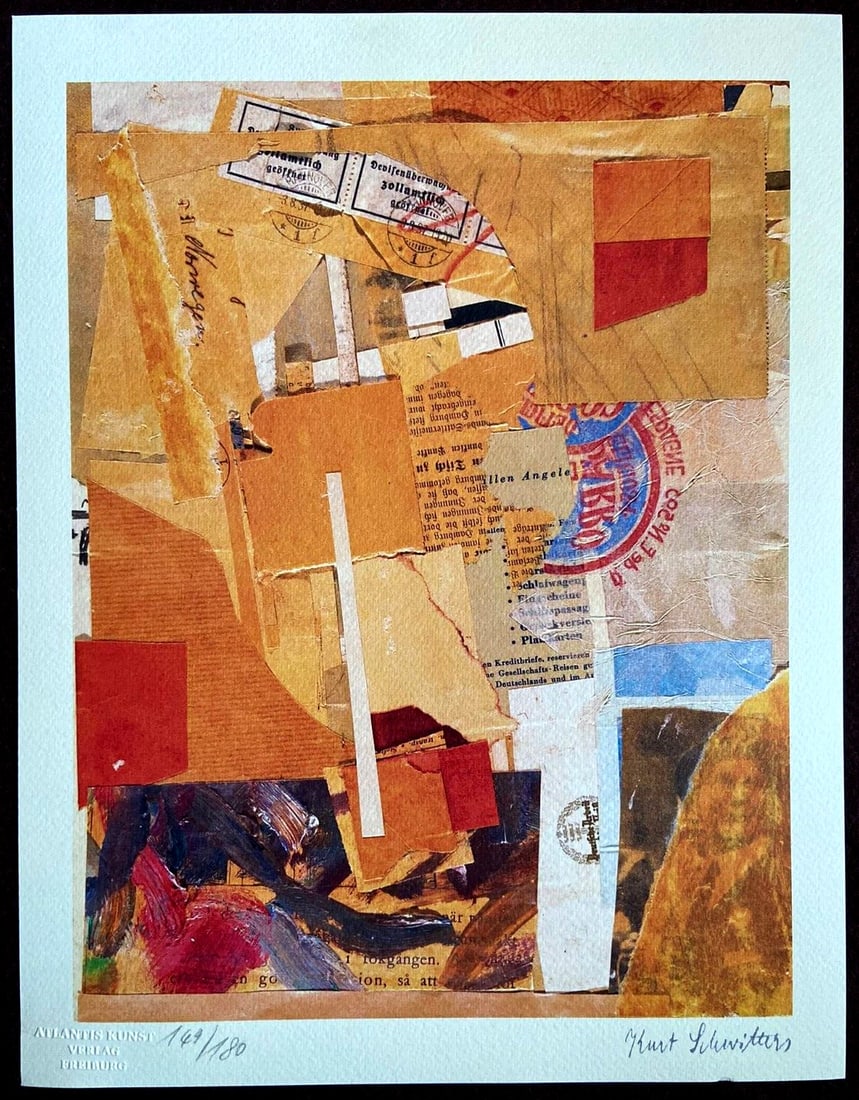Kurt Schwitters Lithograph 1980 (Joseph Beuys Man Ray Le Corbusier): 'Merz's language now finds a common consensus and today there is almost no artist working with materials other than painting who does not relate in some way to Schwitters. In his bold and wide-ranging