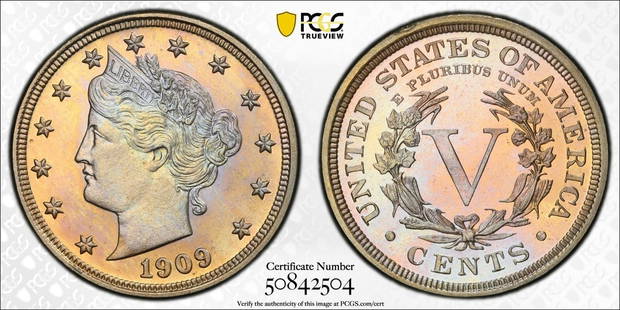 1909 Proof Liberty V Nickel Pcgs Pr66 Pretty Color: Certification: PCGS Composition: Nickel Grade: PR 66 Year: 1909 Circulated/Uncirculated: Uncirculated Strike Type: Proof Mint Location: Philadelphia Km Number: Unknown Certification Number: 50842504