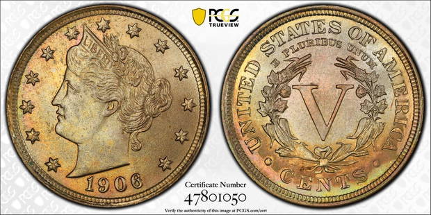 1906 Liberty V Nickel Pcgs Ms65 Pretty Toning: Certification: PCGS Composition: Nickel Grade: MS 65 Year: 1906 Circulated/Uncirculated: Uncirculated Mint Location: Philadelphia Km Number: Unknown Certification Number: 47801050 Denomination: Cent