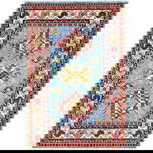 3'4"X4'10" Blue Kazak Geometric Design Hand Knotted Soft Wool Oriental Rug: Style: Kazak Type: Indoor Material: Wool Color: Blue Item Length: 58 Item Width: 40 Rug Type: Hand Knotted Pile: Wool Shape: Rectangular Field Color: Blue Size: 3"4" x 4"10" / 102 CM X 147 CM Age: