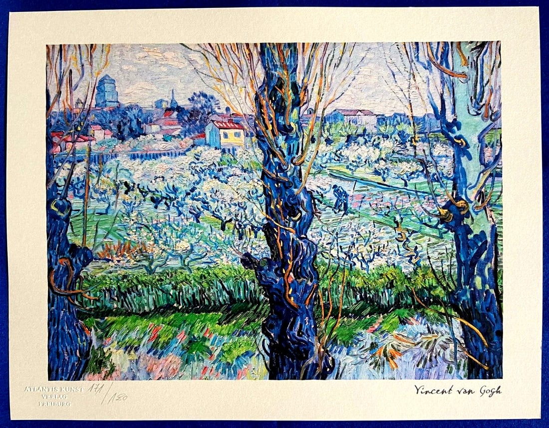 Vincent Van Gogh Lithograph Signed Numbered Coa (Edvard Munch): Vincent Van Gogh " Orchard in bloom with a view of Arles " Chromolithograph printed in 1978 in 180 copies by Atlantis Verlag, Freiburg 31 x 40 cm Signature Vincent Van Gogh on the plate Embossed stamp