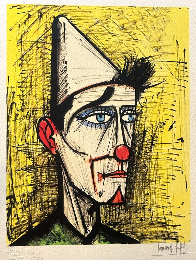 Bernard Buffet Lithograph Certified Coa (Signed Op With Numbered Pen And Pencil): Bernard Buffet Lithograph Certified COA (Signed op Pen Numbered Pencil) Bernard Buffet '' P Agliaccio on yellow background " Chromolithography printed in 1986 in 180 specimens by Atlantis Verlag, Frei
