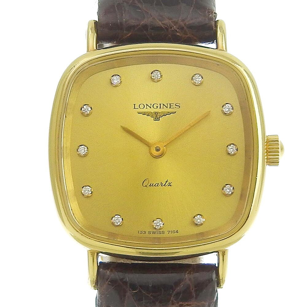 Longines 12P Diamond: Brand: LONGINES Movement: Quartz Battery Case Size: 21mm Band Size: 12cm - 15cm Band Width: 12mm Weight: 16.2g Case Material: K18YG Band Material: LEATHER Windshield: Sapphire Bezel Color: Gold Dial C