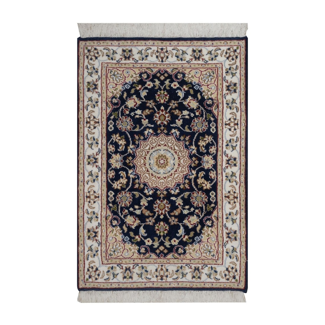 2'1"X3'2" Navy Nain Medallion Design Wool And Silk Hand Knotted Mat Rug: Style: Nain Type: Indoor Material: Wool Color: Blue Item Length: 38 Item Width: 25 Rug Type: Hand Knotted Pile: Wool & Silk Shape: Rectangular Field Color: Blue Size: 2"1" x 3"2" / 64 CM X 97 CM Age: