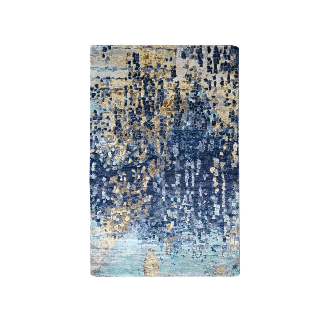 3'2"X5 Denim Blue Hand Knotted Mosaic Design Wool And Silk Oriental Rug: Style: Oriental Type: Indoor Material: Silk Color: Blue Item Length: 60 Item Width: 38 Rug Type: Hand Knotted Pile: Wool & Silk Shape: Rectangular Field Color: Blue Size: 3"2" x 5"0" / 97 CM X 152 CM