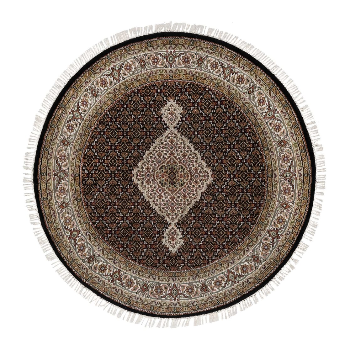 4'10"X4'10" Black Tebraz Mahi Fish Design All Wool Hand Knotted Round Rug: Style: Tebraz Mahi Type: Indoor Material: Wool Color: Black Item Length: 58 Item Width: 58 Rug Type: Hand Knotted Pile: Wool Shape: Round Field Color: Black Size: 4"10" x 4"10" / 147 CM X 147 CM Age: