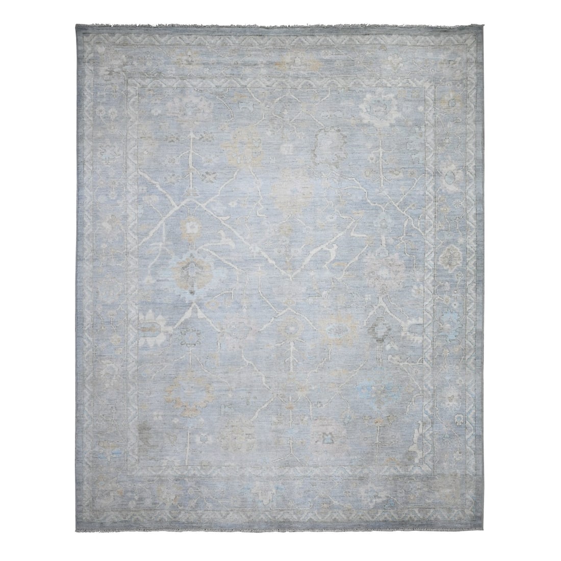 8'1"X10' Blue Gray Wool Weft Afghan Angora Oushak Oriental Rug: Style: Oushak Type: Indoor Material: Wool Color: Grey Item Length: 119 Item Width: 97 Rug Type: Hand Knotted Pile: Wool Shape: Rectangular Field Color: Grey Size: 8"1" x 9"11" / 246 CM X 302 CM Age: 2