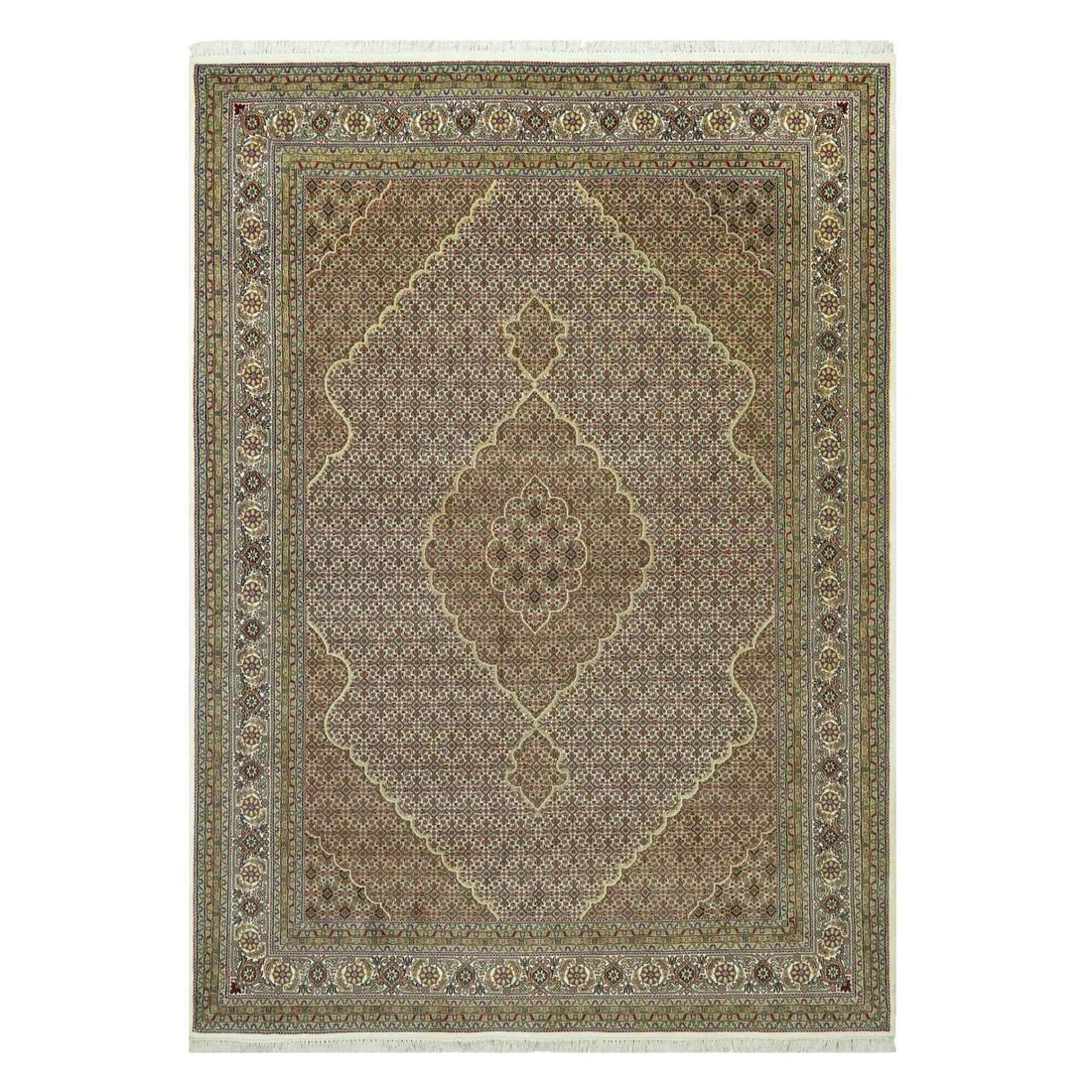 8'10"X12'3" Ivory Tebraz Mahi Fish Design Wool Hand Knotted Oriental Rug: Type: Indoor Material: 100% Wool Color: Ivory Item Length: 147 Item Width: 106 Brand: 1800getarug Product Disclaimer: Rugs and carpets may show minor wear, fraying, or fading consistent with age and u
