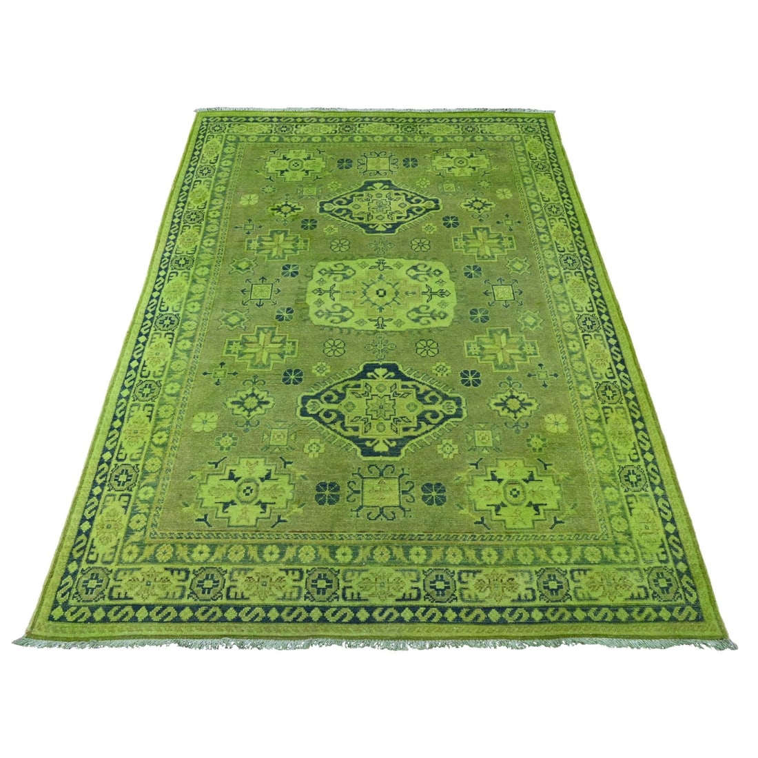 4'8"X6'3" Green Overdyed Kazak Medallion Design All Wool Hand Knotted Rug (1 of 6)
