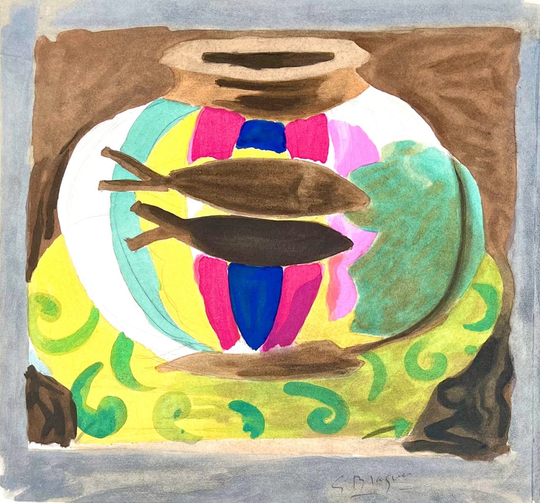 Georges Braque, L'Aquarium Multicolore, Une Aventure Mthodique: Lithograph on vlin d'Arches paper. Inscription: Unsigned and unnumbered. Good condition. Notes: From the folio, Une Aventure mthodique, 1950; published by Fernand Mourlot, Paris, and Andr Sauret, Pari