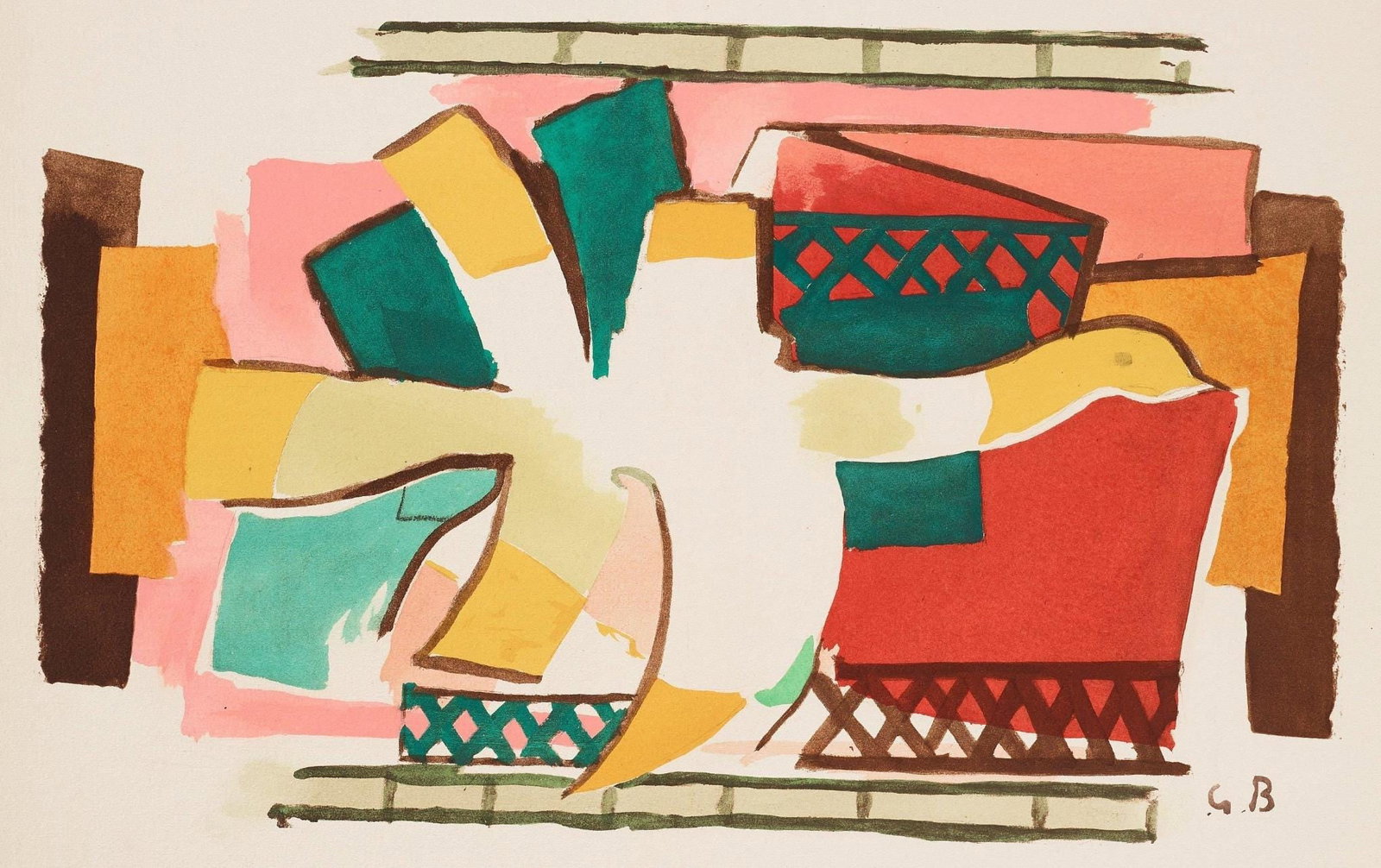 Georges Braque, Composition, Braque Espaces, 13 Dessins, Lavis, Aquarelles, Lithograph: Lithograph and stencil on vlin papier a la cuve du moulin richard de bas specialement filigran pour cette dition paper. Paper size: 15.75 x 19.094 inches. Excellent condition. Inscription: signed in t