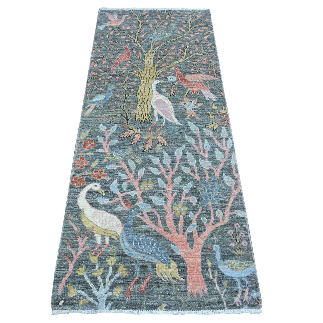 2'6"X6'2" Gray Hand Knotted Soft Wool Birds Paradise Peshawar Runner Rug: Style: Peshawar Type: Indoor Material: Wool Color: Grey Item Length: 74 Item Width: 30 Rug Type: Hand Knotted Pile: Wool Shape: Runner Field Color: Grey Size: 2"6" x 6"2" / 76 CM X 188 CM Age: 2000-No
