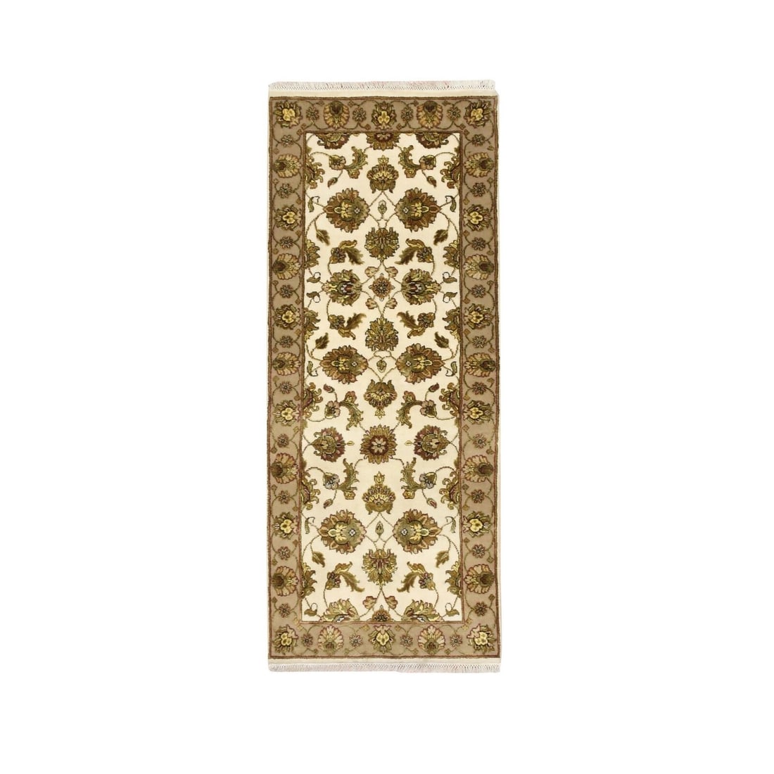 2'6"X6'2" White Rajasthan Leaf Design Hand Knotted Wool & Silk Runner Rug: Style: Rajasthan Type: Indoor Material: Silk Color: Ivory Item Length: 74 Item Width: 30 Rug Type: Hand Knotted Pile: Wool & Silk Shape: Runner Field Color: Ivory Size: 2"6" x 6"2" / 76 CM X 188 CM Ag