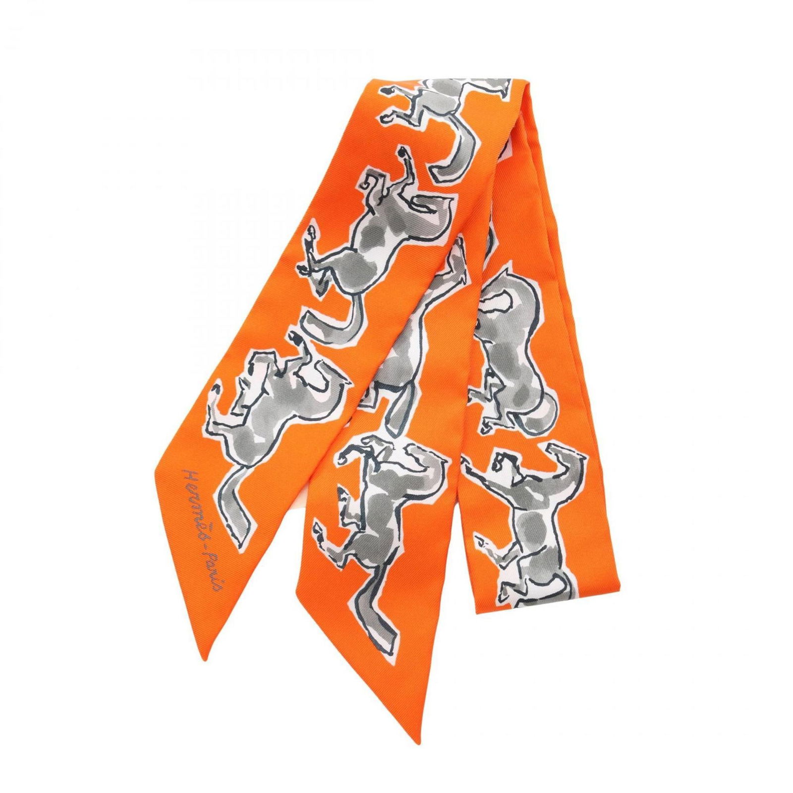 Hermes Herms Chevaux En Liberte Twilly Silk Scarf: Brand: Hermes Type: Scarf Gender: Women Color: Multi-Color, Orange Material: Silk Size (Lxw): 85cm x 5cm / 33.46'' x 1.96'' Condition: Opened (never used) Product Disclaimer: Minor wear from age or di