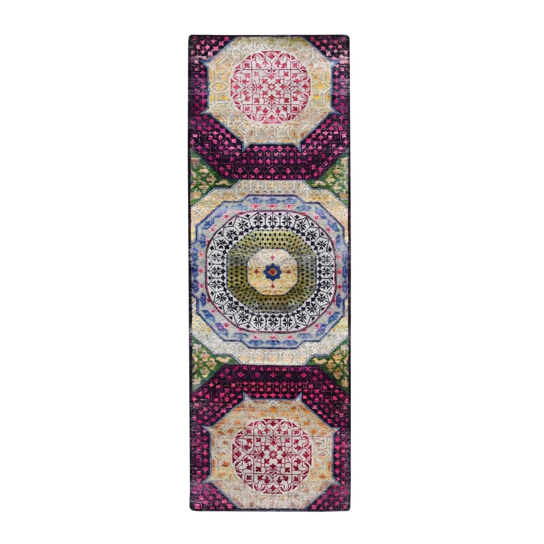 2'9"X8'1" Salsa Red Silk With Wool Mamluk Design Hand Knotted Runner Rug: Style: Mamluk Type: Indoor Material: Wool Color: Red Item Length: 97 Item Width: 33 Rug Type: Hand Knotted Pile: Wool & Silk Shape: Runner Field Color: Red Size: 2"9" x 8"1" / 84 CM X 246 CM Age: 2000