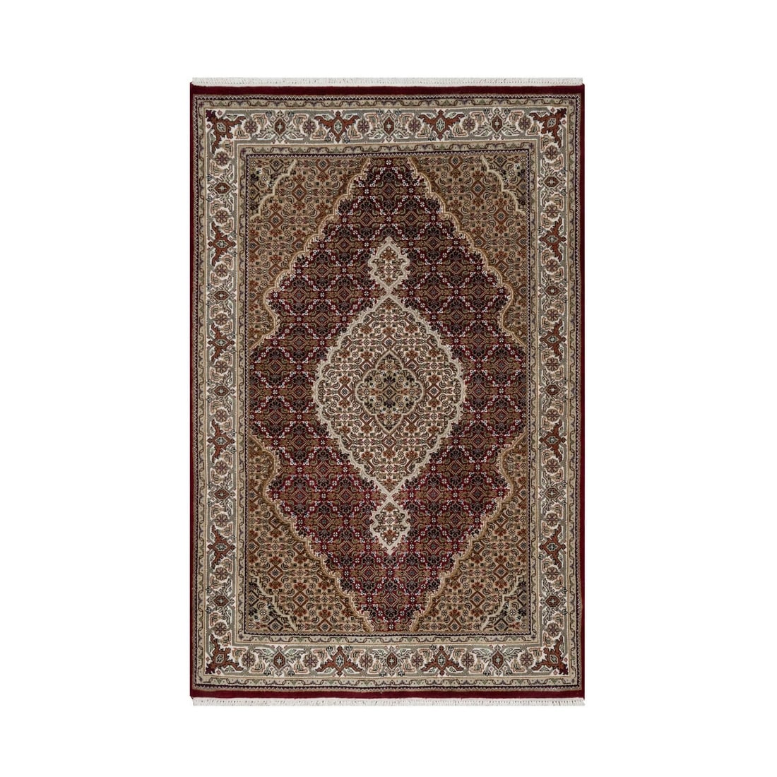 4'X6'2" Carmine Red Tebraz Mahi With Fish Design Wool Hand Knotted Rug: Style: Tebraz Mahi Type: Indoor Material: Wool Color: Red Item Length: 74 Item Width: 48 Rug Type: Hand Knotted Pile: Wool Shape: Rectangular Field Color: Red Size: 4"0" x 6"2" / 122 CM X 188 CM Age: