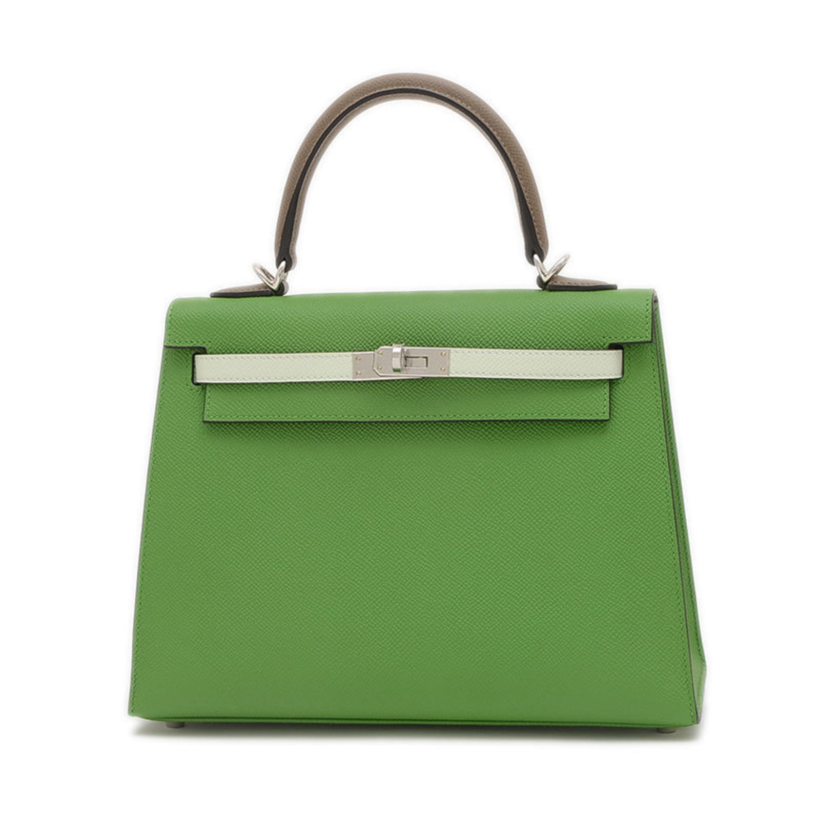Hermes Kelly 25 Handbag Tricolor Epson Vert Yucca Fizz Etoupe W Engraved: Brand: Hermes Type: Handbag Material: Epsom Leather Color: Etoupe Gray, Vert Gender: Women Size (Hxwxd): 19cm x 25cm x 10cm / 7.48'' x 9.84'' x 3.93'' Condition: Opened (never used) Product Disclaimer