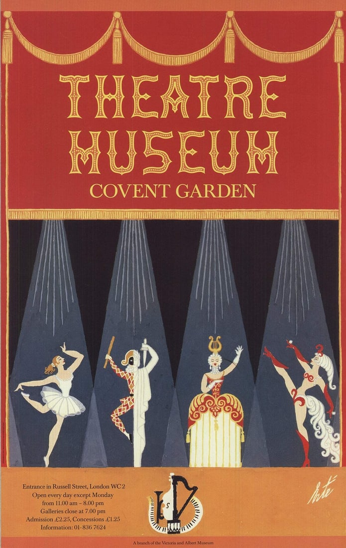 Erte Theatre Museum Covent Garden " Poster Art Deco Multicolor: Artist: Erte Title: Theatre Museum Covent Garden Year: 1975 Signed: No Medium: Offset Lithograph Paper Size: 19.75 x 12.5 inches ( 50 x 32 cm ) Image Size: 19.75 x 12.5 inches ( 50 x 32 cm ) Edition S