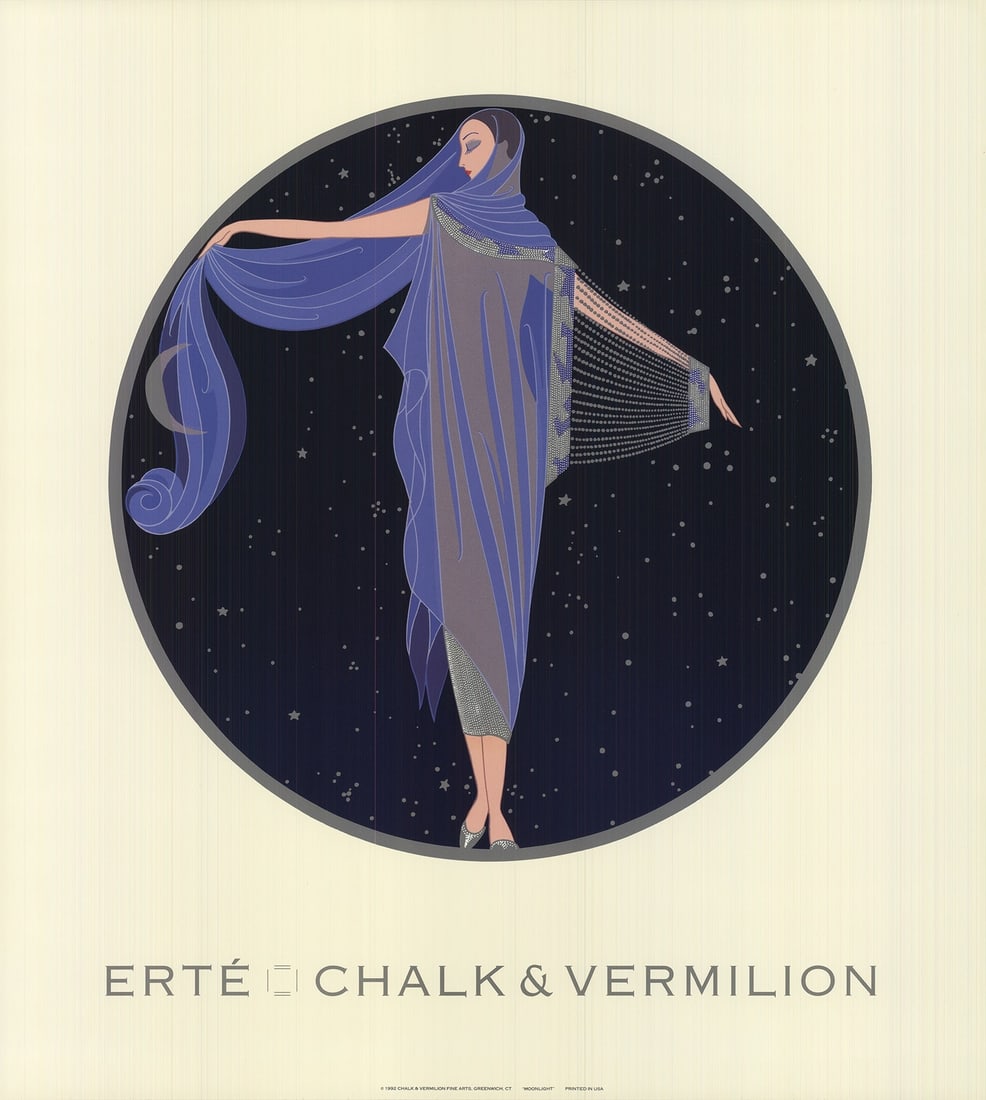 Erte Moonlight " Poster Art Deco Blue, Black: Artist: Erte Title: Moonlight Year: 1992 Signed: No Medium: Offset Lithograph Paper Size: 20 x 18 inches ( 51 x 46 cm ) Image Size: 14 x 14 inches ( 36 x 36 cm ) Edition Size: 2500 Framed: No: Inquire