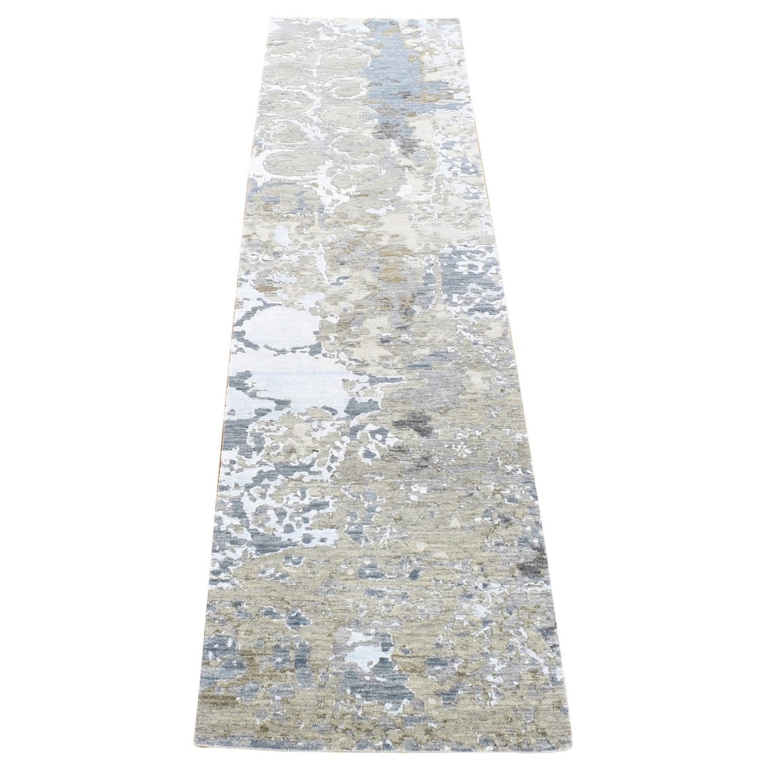 2'6"X10'6" Beige Modern Abstract Design Hand Knotted Pure Wool Runner Rug: Type: Indoor Material: Wool Color: Beige Item Length: 126 Item Width: 30 Style: Abstract Rug Type: Hand Knotted Pile: Wool Shape: Runner Field Color: Beige Size: 2"6" x 10"6" / 76 CM X 320 CM Age: 200