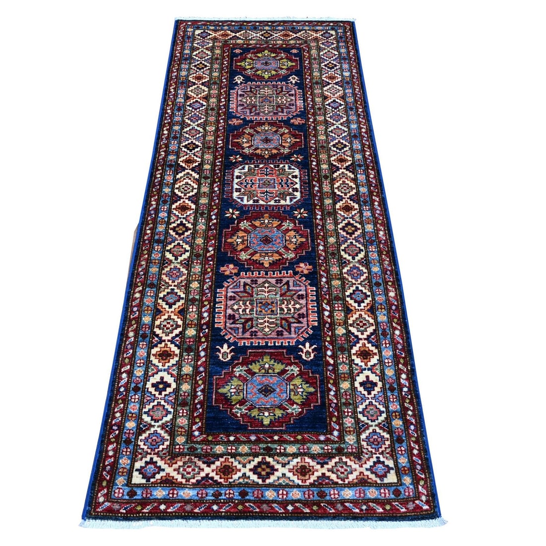 2'6"X6'4" Delft Blue Hand Knotted Super Kazak Short Runner Oriental Rug: Style: Oriental Type: Indoor Material: Wool Color: Blue Item Length: 76 Item Width: 30 Rug Type: Hand Knotted Pile: Wool Shape: Runner Field Color: Blue Size: 2"6" x 6"4" / 76 CM X 193 CM Age: 2000-No