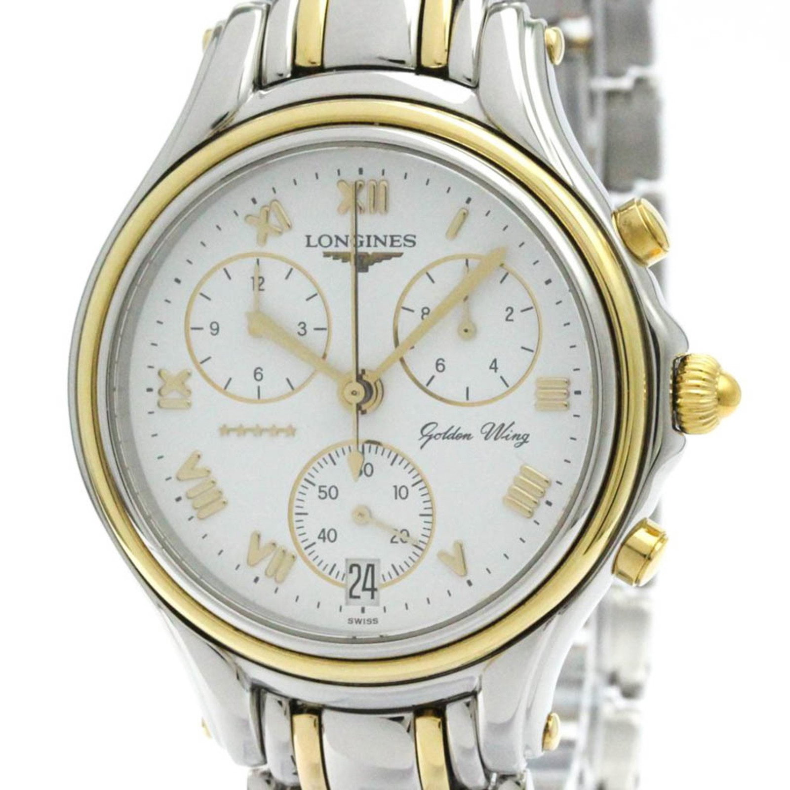 Longines Goldern Wing Chronograph Gold Plated Steel Watch L3.610.5 Bf578757: Brand: Longines Type: Wristwatch Style: Sport Gender: Men Material (Case): Gold Plated, Stainless Steel Material (Band): Gold Plated, Stainless Steel Color (Dial): White Case Diameter: 38mm / 1.5'' Co