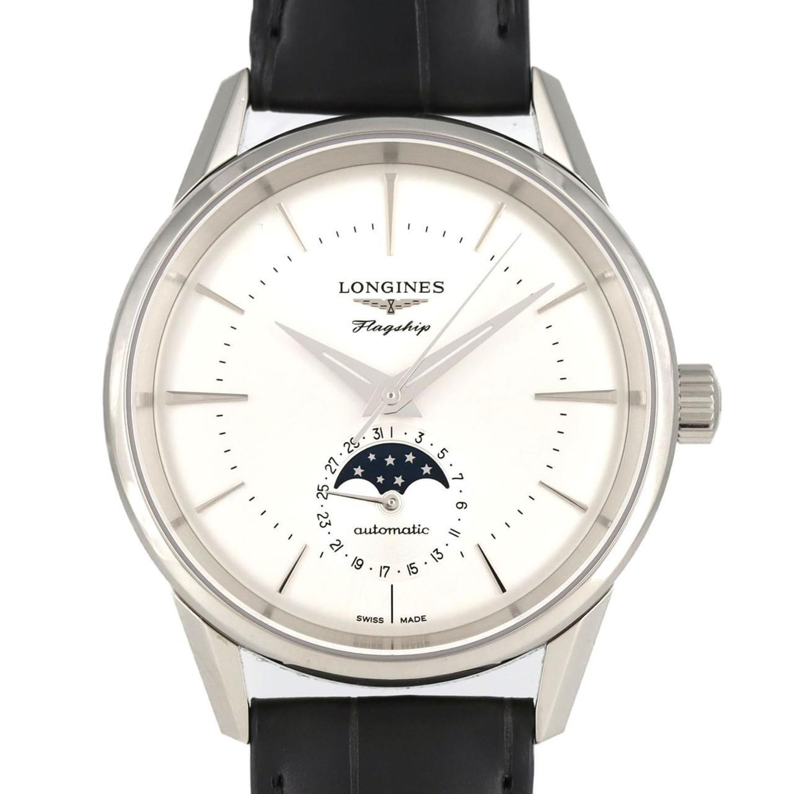 Longines Flagship Heritage Moonphase L4.815.4.72.2 Stainless Steel Automatic Watch: Brand: Longines Type: Wristwatch Gender: Men Material (Case): Stainless Steel Color (Band): Gray Color (Dial): Silver Case Diameter: 38.5mm / 1.52'' Condition: Used (very good), A few traces of usage,