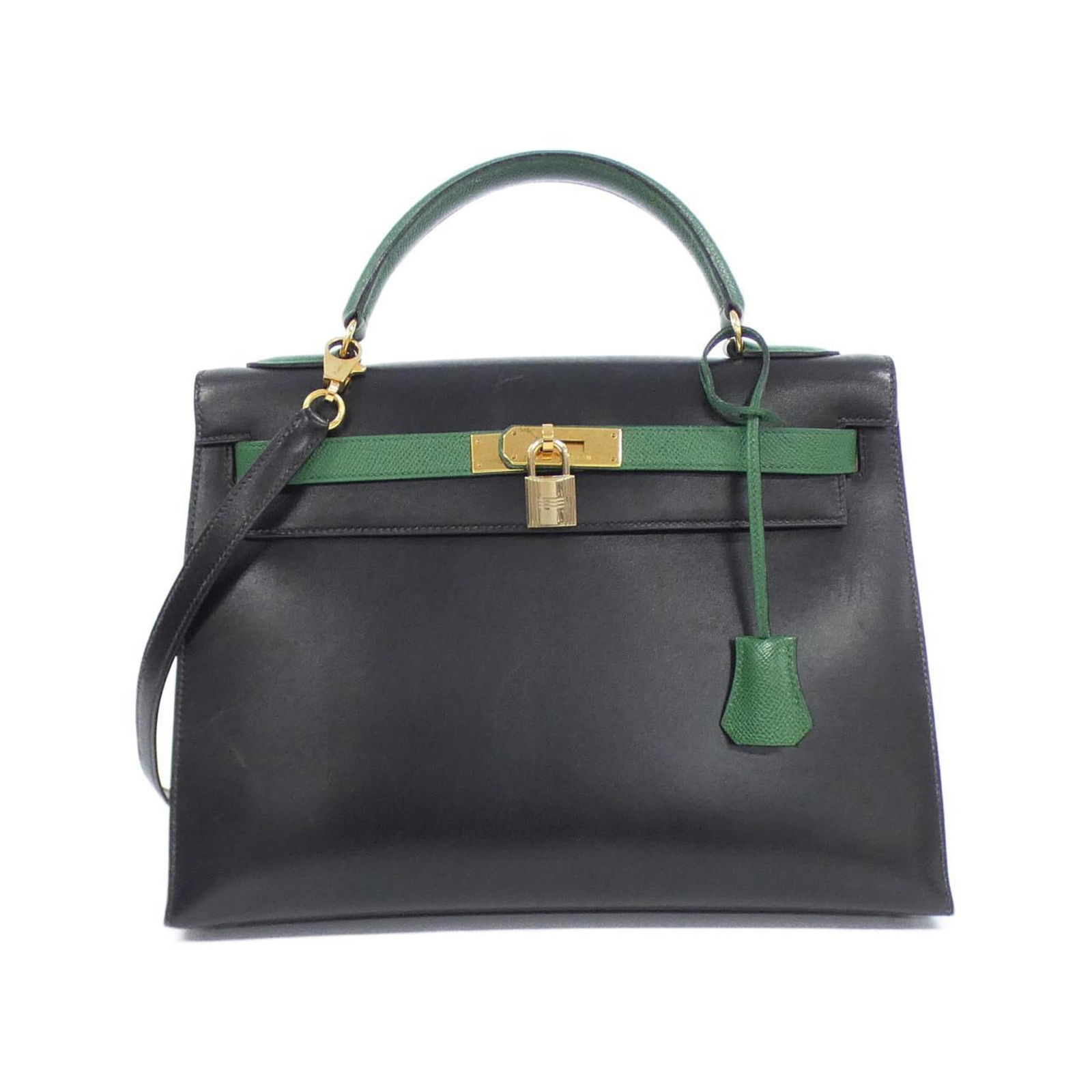 Hermes Kelly 32Cm Handbag: Brand: Hermes Type: Handbag Material: Box Calf Leather , Courchevel Leather Color: Black, Green Gender: Women Size (Hxwxd): 23cm x 32cm x 12cm / 9.05'' x 12.59'' x 4.72'' Condition: Used (good), Trace