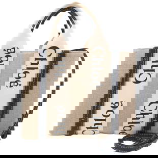 Chlo Chloe Woody Small Tote (Chc22As397I2691J) Handbag In Linen And Calfskin: Brand: Chlo Type: Handbag Material: Linen , Leather Leather/Fur Type: Calfskin Color: Blue, White Gender: Women Size (Hxwxd): 20cm x 26.5cm x 8cm / 7.87'' x 10.43'' x 3.14'' Condition: Used (very