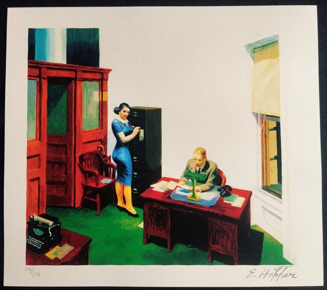 Edward Hopper Lithograph Coa Signed Numbered In Pencil: Edward Hopper Lithograph COA Signed Numbered In Pencil [Bob Dylan] Edward Hopper " Office at night. " Lithograph of an work by Edward Hopper, printed in 1986. 32 x 36 cm 275 hand numbered specimens si