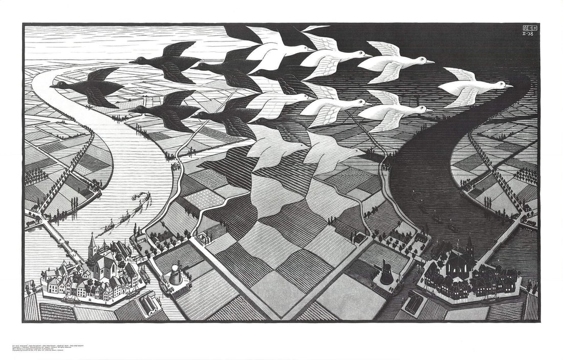 M.C. Escher Day And Night " Poster Modernism: Artist: M.C. Escher Title: Day and Night Year: Unknown Signed: No Medium: Offset Lithograph Paper Size: 21.75 x 34 inches ( 55 x 86 cm ) Image Size: 18 x 31.25 inches ( 46 x 79 cm ) Edition Size: Unkn
