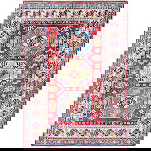 4'X5'8" Arsenal Red Kazak With Geometric Design Hand Knotted Soft Wool Rug: Style: Kazak Type: Indoor Material: Wool Color: Red Item Length: 68 Item Width: 48 Rug Type: Hand Knotted Pile: Wool Shape: Rectangular Field Color: Red Size: 4"0" x 5"8" / 122 CM X 173 CM Age: