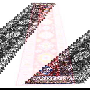 2'7"X8'10" Wool Hand Knotted Red Super Kazak Tribal Medallions Runner Rug: Style: Kazak Type: Indoor Material: Wool Color: Red Item Length: 106 Item Width: 31 Rug Type: Hand Knotted Pile: Wool Shape: Runner Field Color: Red Size: 2"7" x 8"10" Age: 2000-Now Brand: