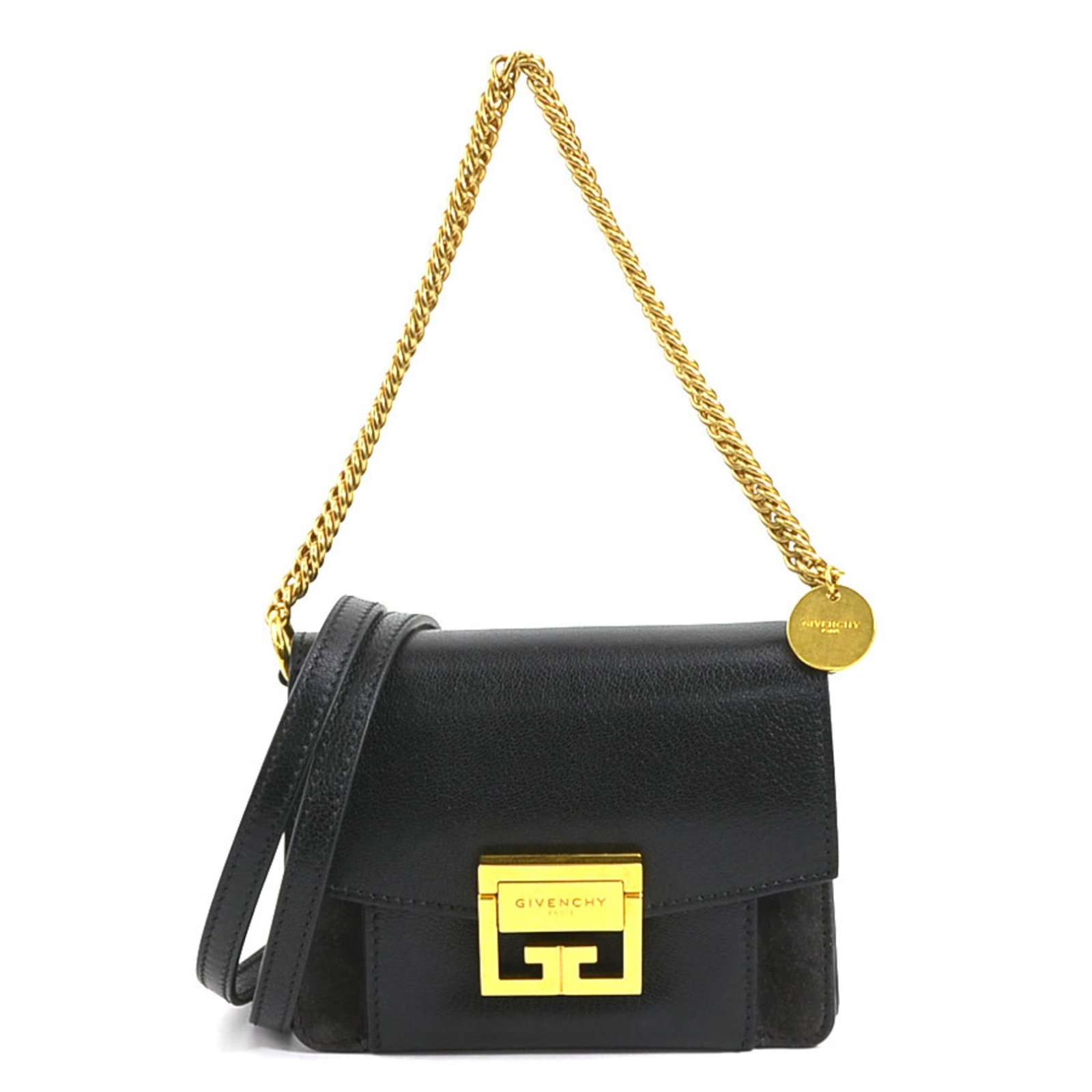 Givenchy Givenchy Handbag Shoulder Bag Leather Suede Black Dark Gray Gold: Brand: Givenchy Type: Handbag, Shoulder Bag Material: Leather , Suede Color: Black, Dark Gray Hardware Color: Gold Closure: Magnet Inner Pocket: Open Pocket 5 Gender: Women Size (Hxwxd): 11.5cm x 16cm
