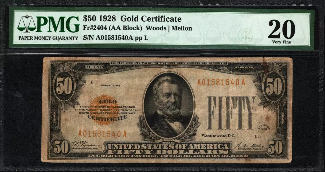 1928 $50 Gold Certificate Fr.2404 Woods Mellon Pmg Vf 20 (540A) (1 of 2)