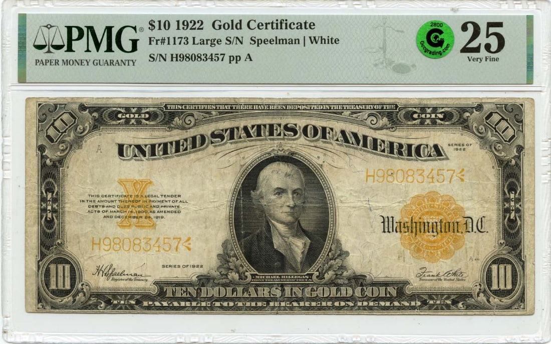 1922 $10 Gold Certificate Large S/N Fr# 1173 Pmg Vf25 Gcc Green (1 of 1)