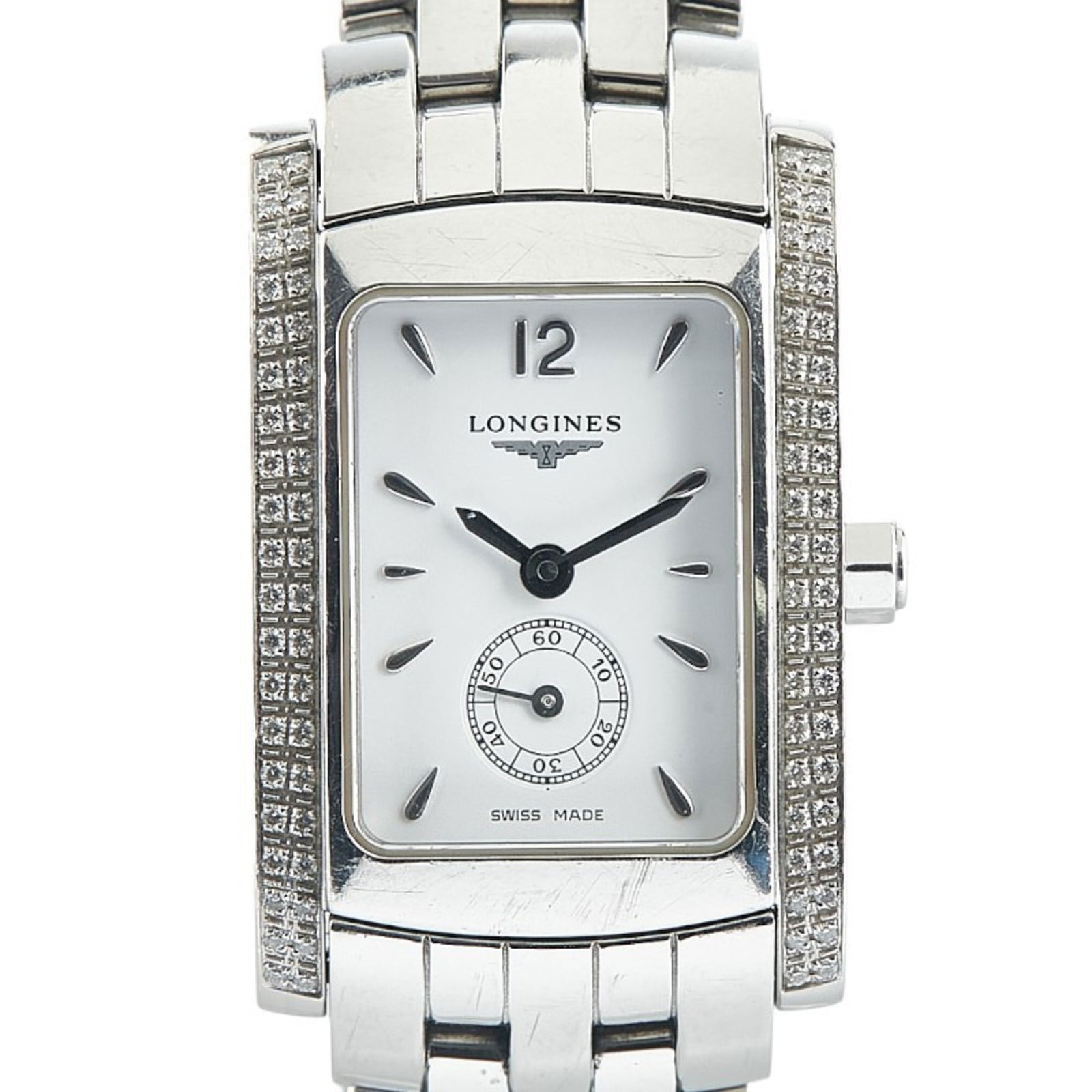 Longines Dolcevita Diamond Bezel Watch L5.155.0 Quartz White Dial Stainless Steel: Brand: Longines Type: Wristwatch Gender: Women Display: Analog Material (Case): Stainless Steel Material (Band): Stainless Steel Color (Dial): White Case Diameter: 30mm / 1.18'' Wrist Size: 15.5cm / 6