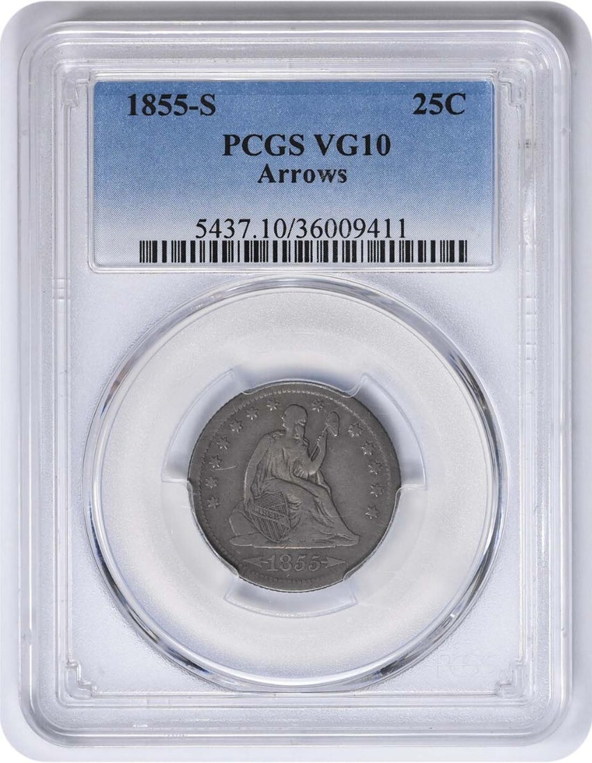 1855-S Liberty Seated Silver Quarter Arrows Vg10 Pcgs (1 of 1)