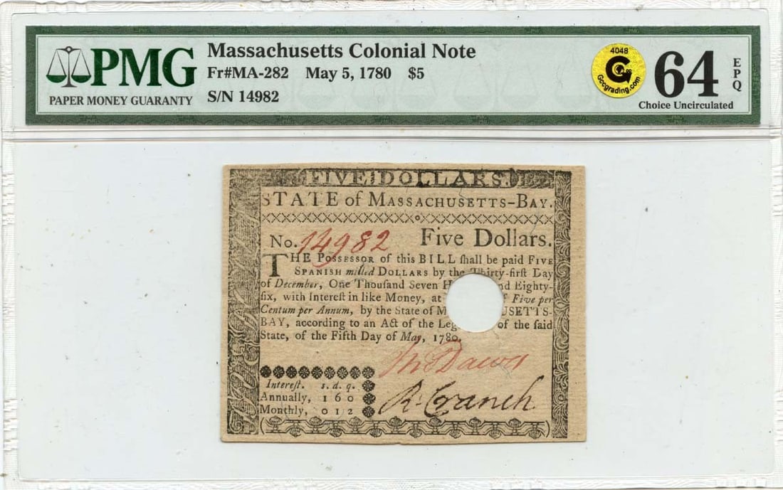 1780 May 5, $5 Massachusetts Colonial Note Fr#Ma-282 Pmg Cu64 Epq Gcc Gold (1 of 1)