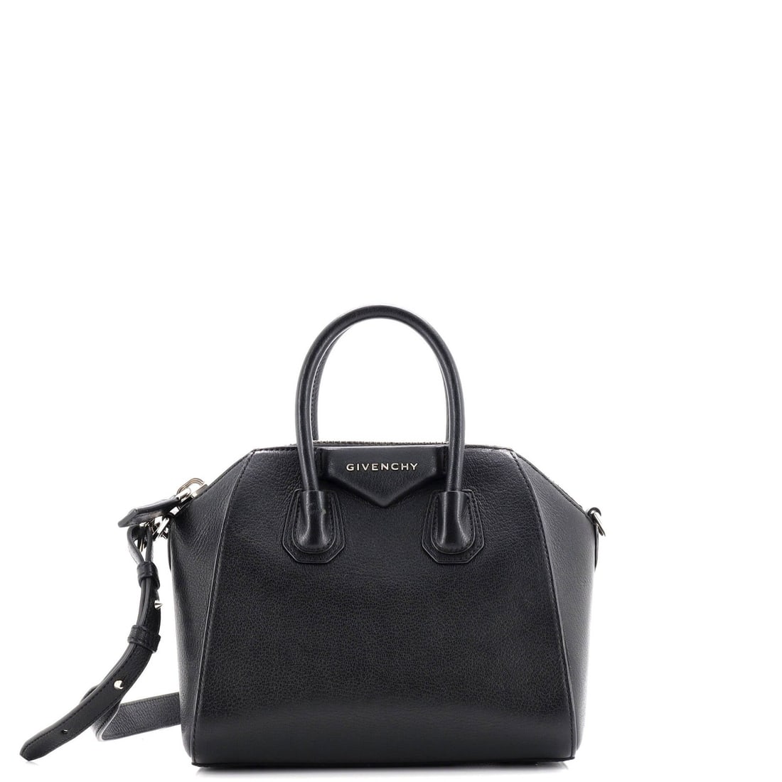 Givenchy Antigona Bag Leather Mini: Brand: Givenchy Exterior Material: Leather Style: Cross Body Bags Exterior Color: Black Size: Mini Accessories: Dust Bag With Strap Accessories: Dust Bag, With Strap Measurements: Handle Drop 3", Heig