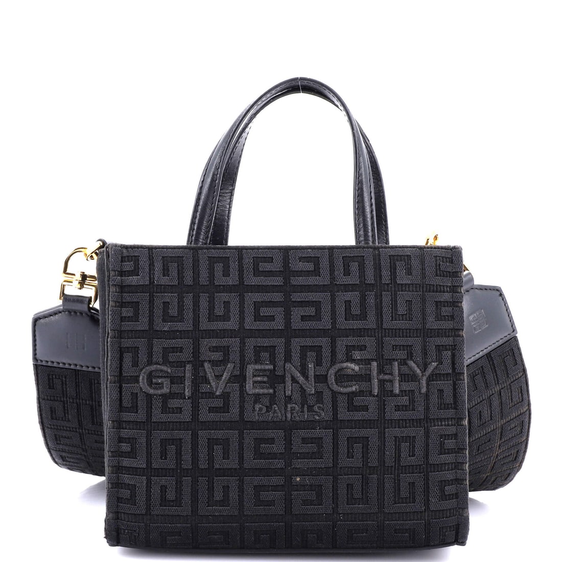 Givenchy G-Tote 4G Jacquard Mini: Brand: Givenchy Exterior Material: Jacquard Style: Totes Exterior Color: Black Size: Mini Accessories: With Strap Accessories: With Strap Measurements: Height 6.5", Width 7.5", Depth 3" Model: G-Tote