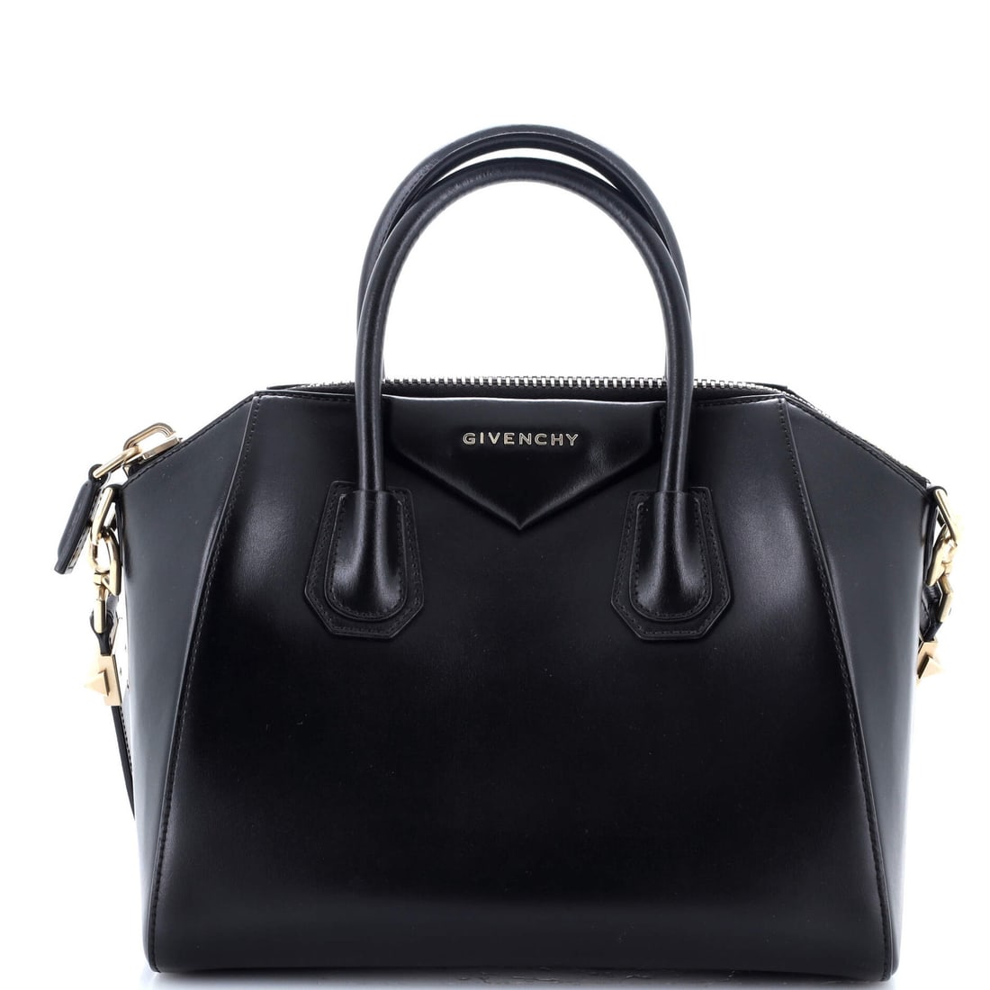 Givenchy Antigona Bag Glazed Leather Small: Brand: Givenchy Exterior Material: Leather Style: Satchels Exterior Color: Black Size: Small Accessories: With Strap Accessories: With Strap Measurements: Handle Drop 4", Height 9", Width 10.5", Depth