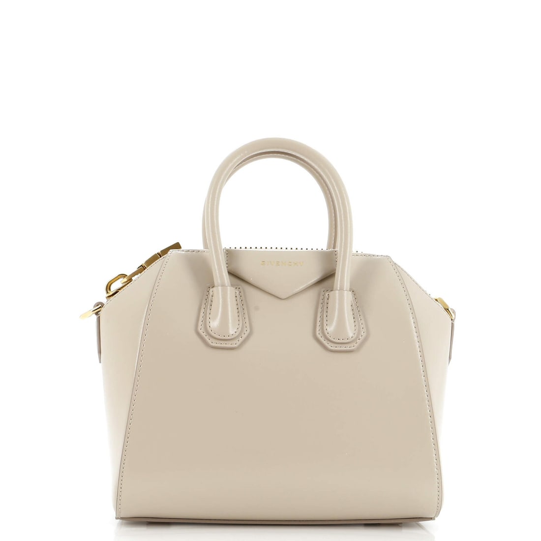 Givenchy Antigona Bag Glazed Leather Mini: Brand: Givenchy Exterior Material: Leather Style: Satchels Exterior Color: Neutral Size: Mini Accessories: No Accessories Measurements: Handle Drop 3", Height 8", Width 8.5", Depth 5", Strap Drop 17.5