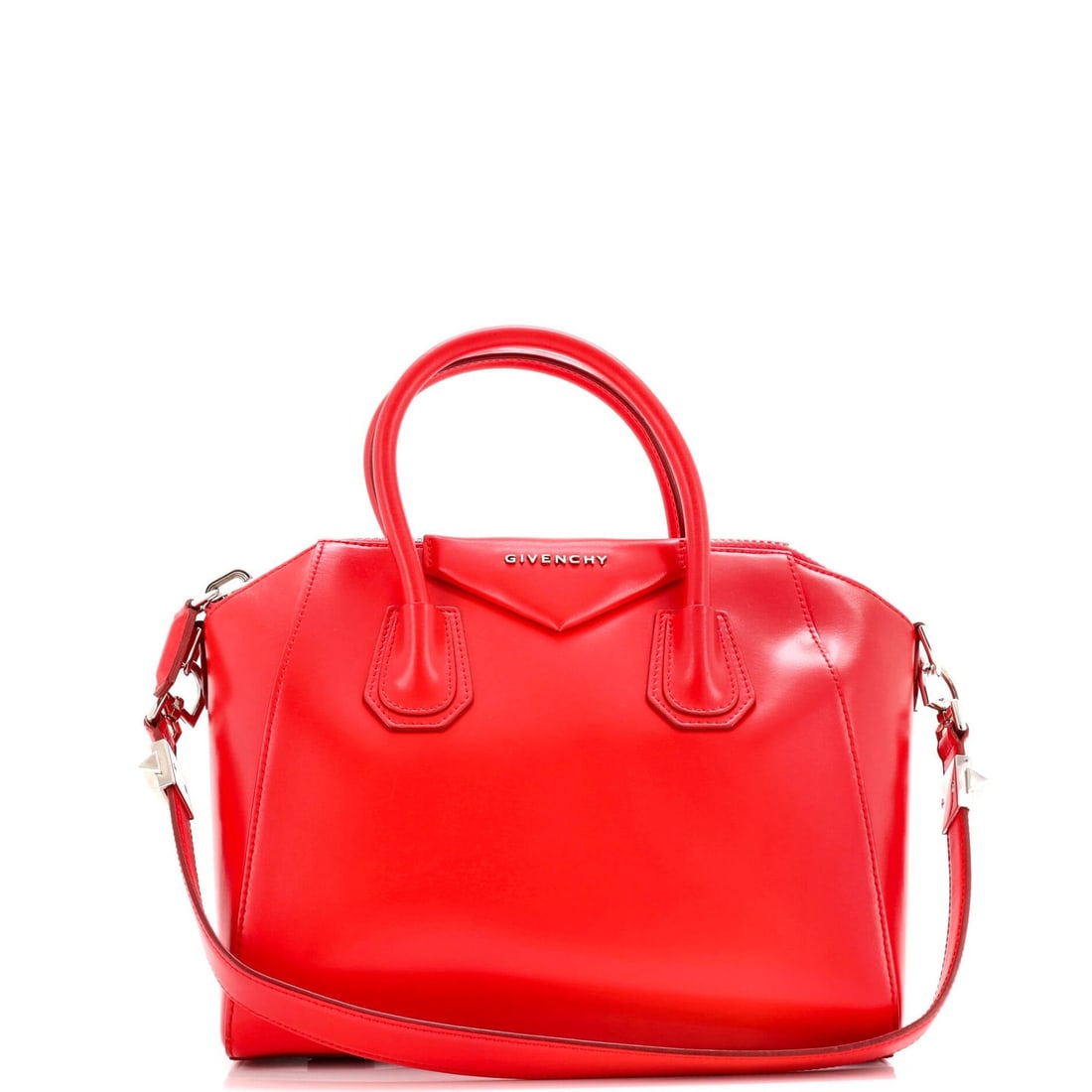 Givenchy Antigona Bag Glazed Leather Small: Brand: Givenchy Exterior Material: Leather Style: Satchels Exterior Color: Red Size: Small Accessories: No Accessories Measurements: Handle Drop 4", Height 9", Width 11", Depth 6", Strap Drop 8" Model