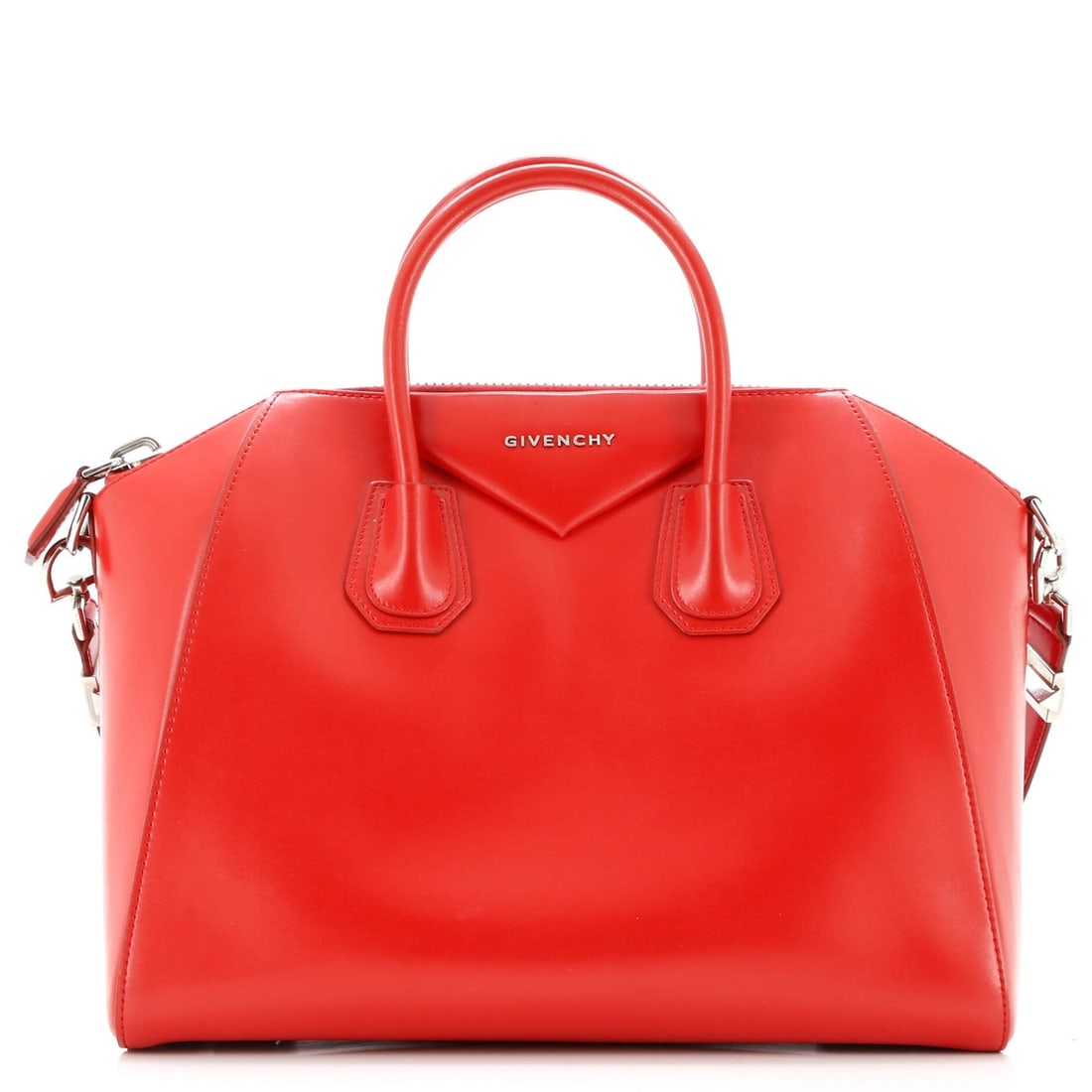Givenchy Antigona Bag Glazed Leather Medium: Brand: Givenchy Exterior Material: Leather Style: Satchels Exterior Color: Red Size: Medium Accessories: No Accessories Measurements: Handle Drop 3.5", Height 11", Width 13", Depth 8", Strap Drop 11"