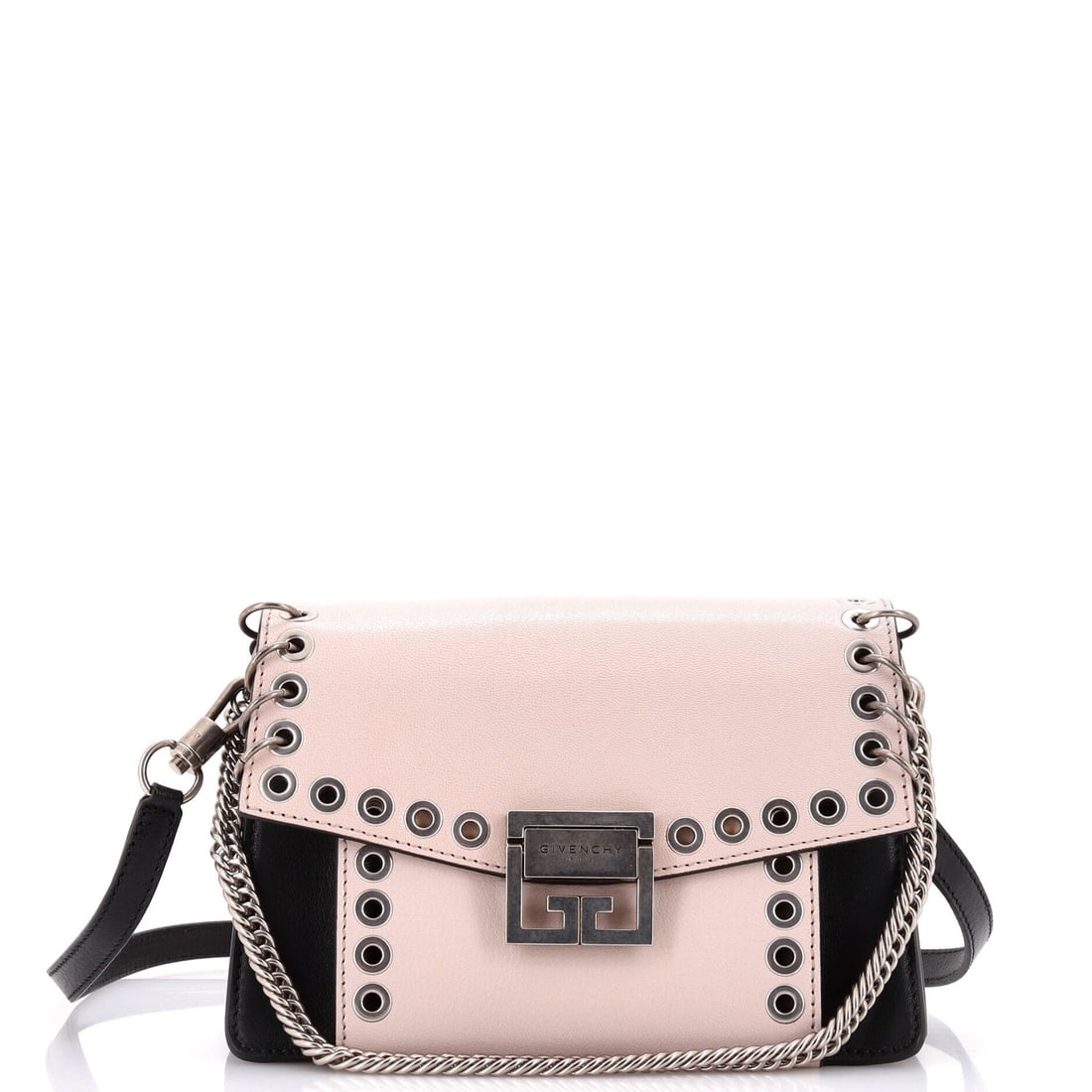 Givenchy Gv3 Flap Bag Grommet Embellished Leather Small: Brand: Givenchy Exterior Material: Leather Style: Cross Body Bags Exterior Color: Neutral Size: Small Accessories: With Strap Accessories: With Strap Measurements: Handle Drop 6", Height 5.5", Width 8