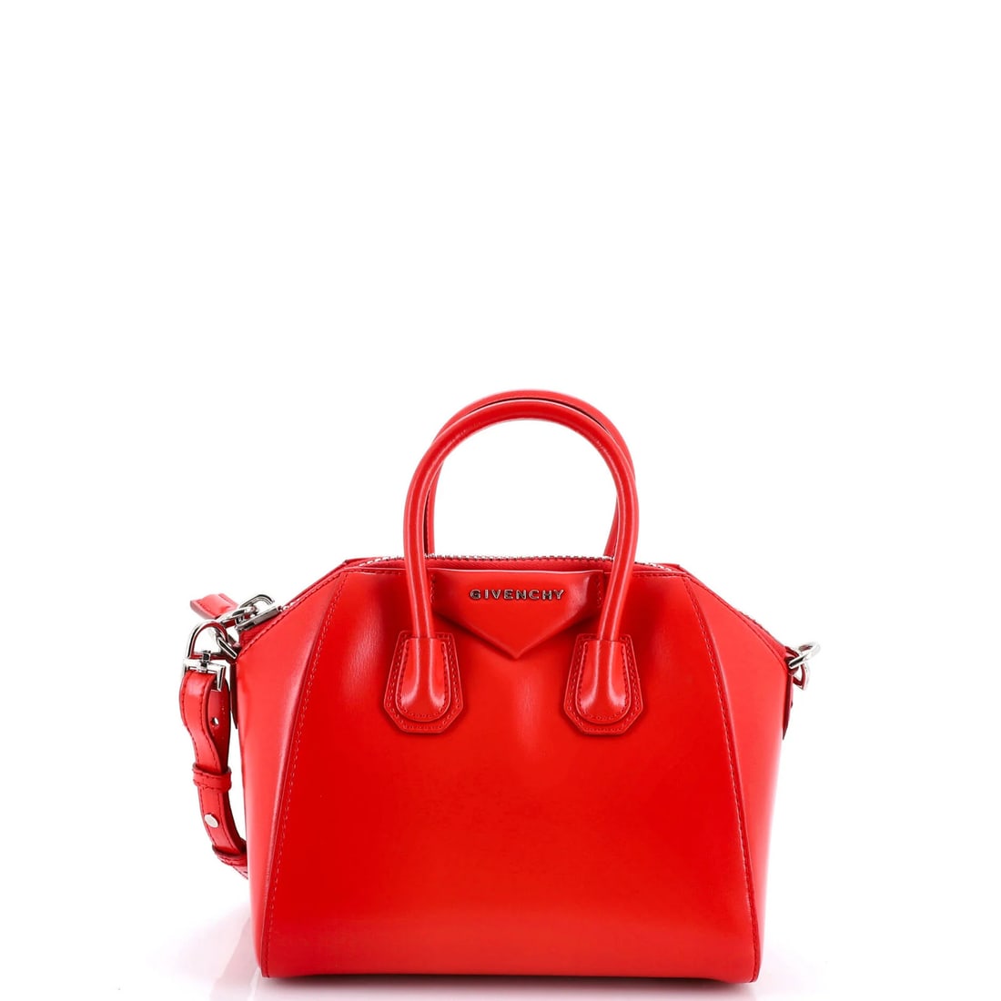 Givenchy Antigona Bag Glazed Leather Mini: Brand: Givenchy Exterior Material: Leather Style: Satchels Exterior Color: Red Size: Mini Accessories: No Accessories Measurements: Handle Drop 3", Height 8", Width 8.5", Depth 5", Strap Drop 17.5" Mo
