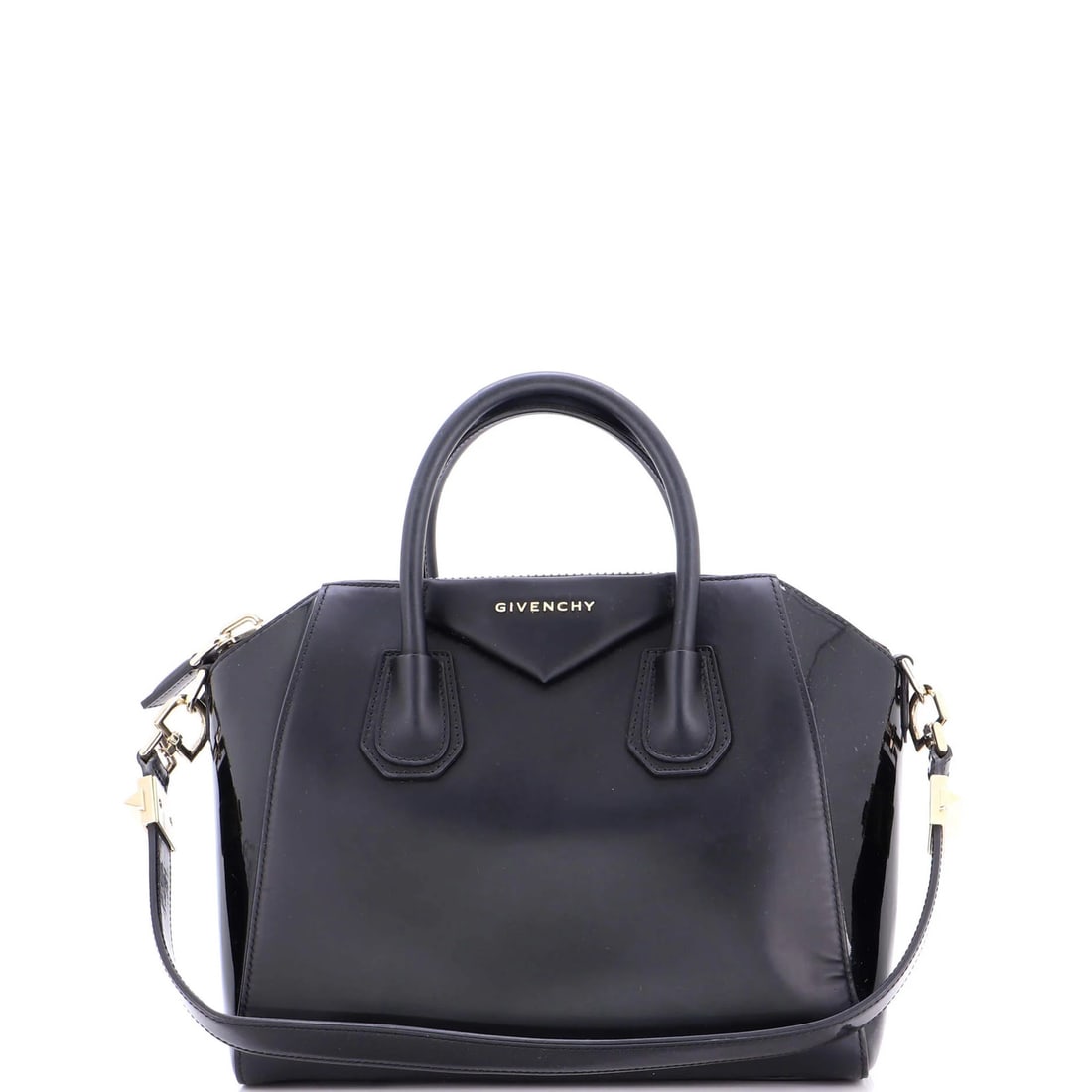 Givenchy Antigona Bag Glazed Leather Small: Brand: Givenchy Exterior Material: Leather Patent Leather Style: Satchels Exterior Color: Black Size: Small Accessories: No Accessories Measurements: Handle Drop 4", Height 9", Width 11", Depth 6", St