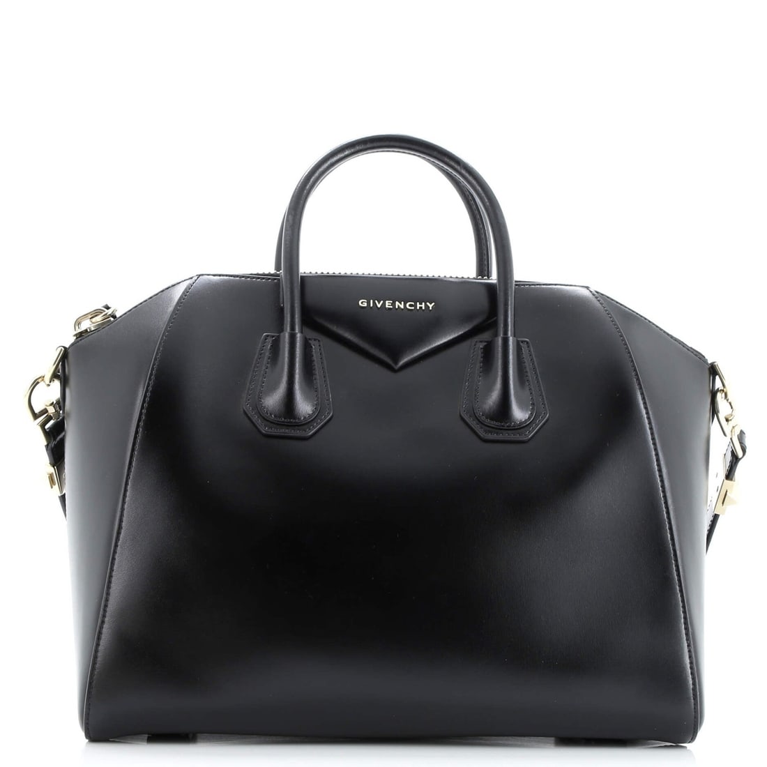 Givenchy Antigona Bag Glazed Leather Medium: Brand: Givenchy Exterior Material: Leather Style: Satchels Exterior Color: Black Size: Medium Accessories: No Accessories Measurements: Handle Drop 3.5", Height 11", Width 13", Depth 8", Strap Drop 11